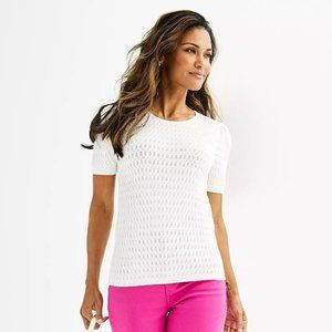 Draper James White Short-Sleeve Knit Scoop Neck Sweater